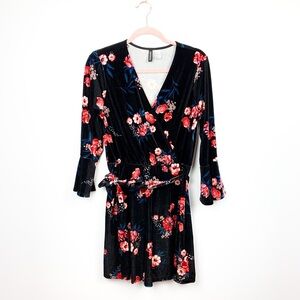 H&M Long Sleeve Floral Velvet Dress w/ Waist Belt